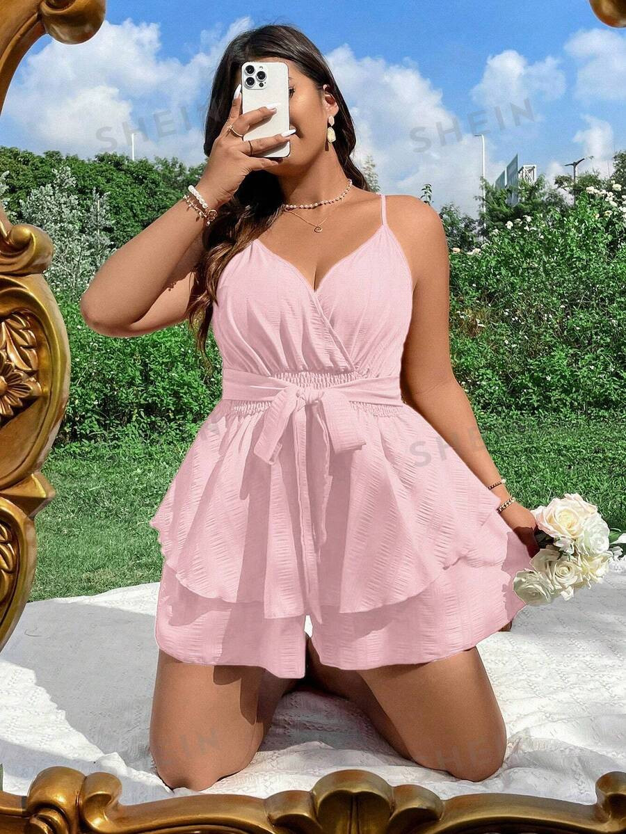 SHEIN WYWH Plus Size Summer Simple Texture Suspender Waist Romper | SHEIN