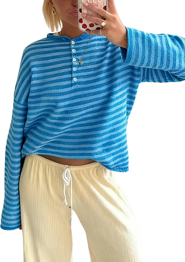 Watashi Women Striped Henley Knit Top Casual Loose Button Down Long Sleeve Pullover Spring Fall S... | Amazon (US)