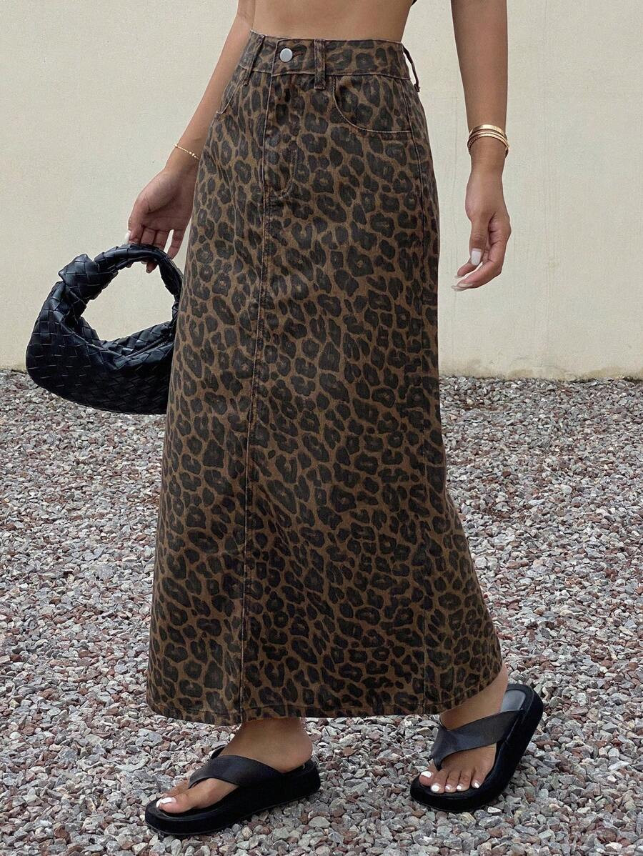 DAZY Casual Leopard Print Denim Mini Skirt For Women, Autumn | SHEIN
