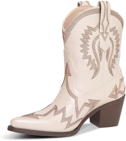Western Boots for Women Metallic Embroidered Pointed Toe Cowgirl Boots Chunky Heel Pull-On Short ... | Amazon (US)