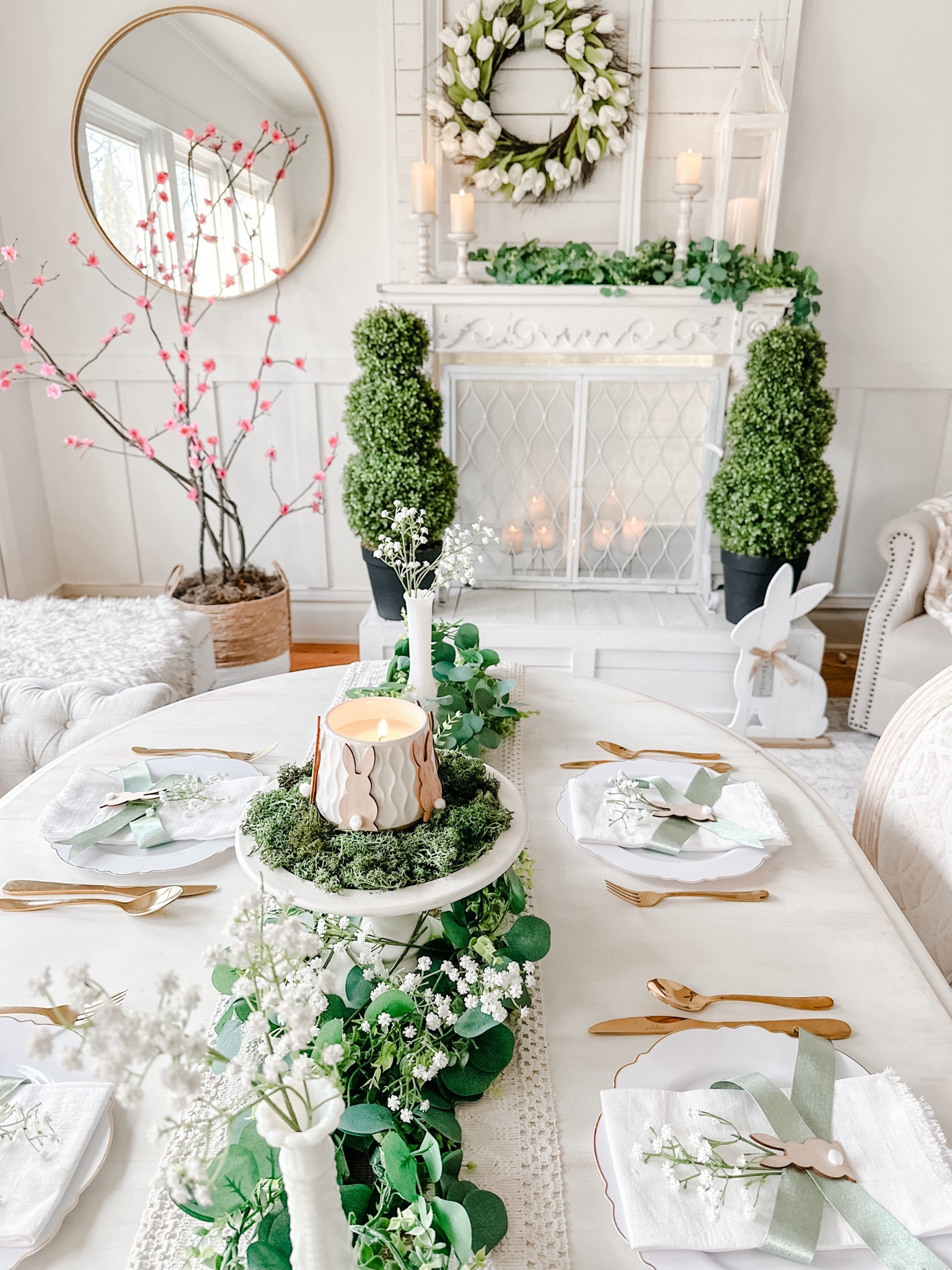 We just posted about a couple newest Spring DIY’s but also in this post are amazing finds we can’t wait to share with you! The adjustable triple ball topiaries are such treasures, really amazing quality and can go indoor or outdoor!! To the right of the fireplace sits our adorable Peter bunny in white wood. He’s so so cute and honestly completes any Spring & Easter look. Best part, he’s SUPER affordable you guys!! 