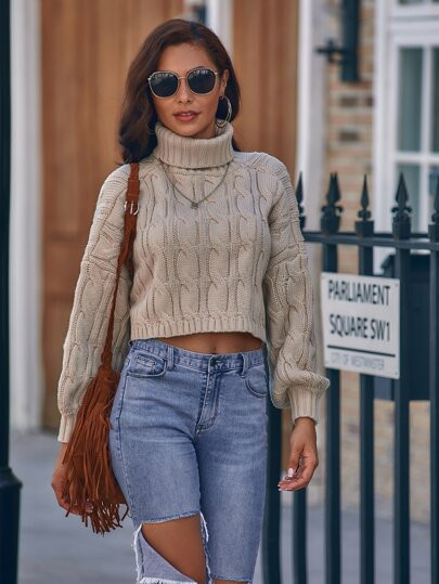 High Neck Cable Knit Crop Sweater | SHEIN