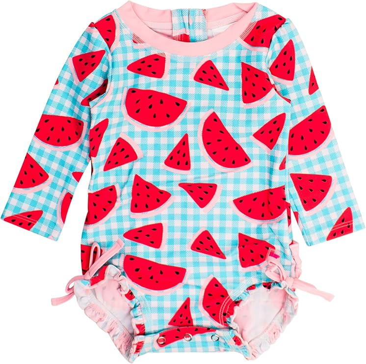 RuffleButts Baby Girls UPF 50+ Sun Protection Gingham Printed Long Sleeve One Piece Rash Guard Sw... | Amazon (US)