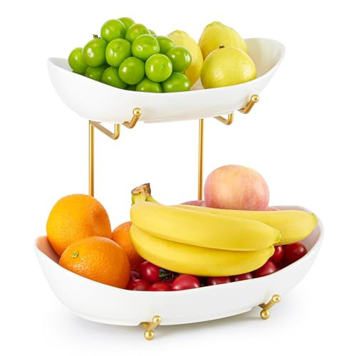HOMKULA 2 Tier Ceramic Fruit Bowl for Kitchen Counter, Tiered Fruit Basket for Countertop, Modern Multi Layer Fruit Display Stand for Party, Cute (Gold&White, Large) | Amazon (US)