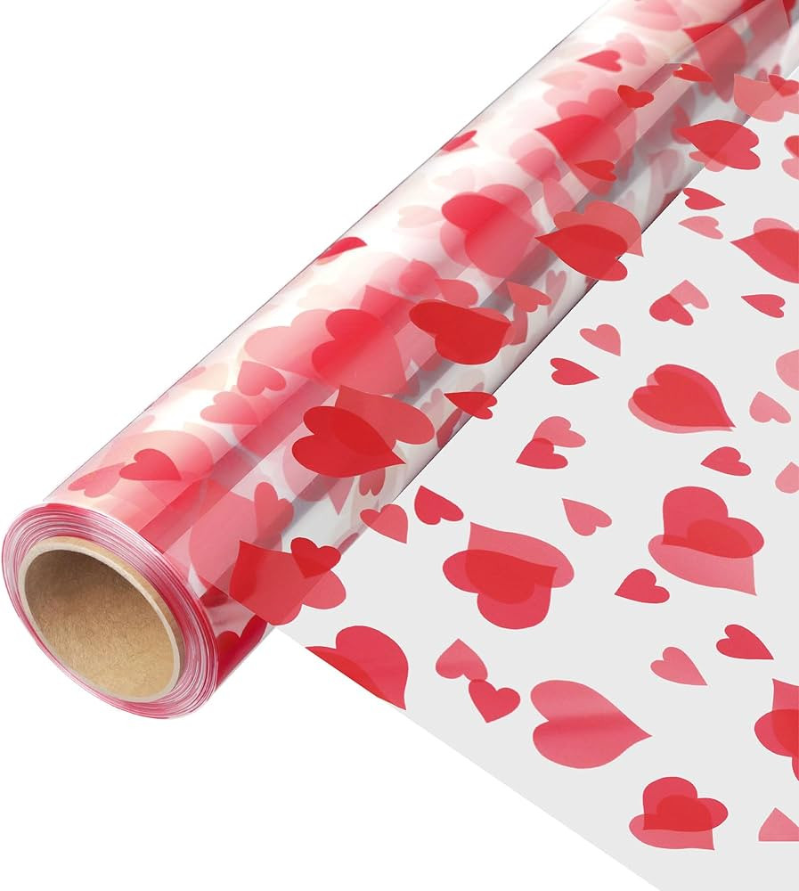 JOYIT 100ft Clear Cellophane Wrap Roll with Heart (17.5 in x 100 ft) - 3 Mil Thick Red Heart Cell... | Amazon (US)