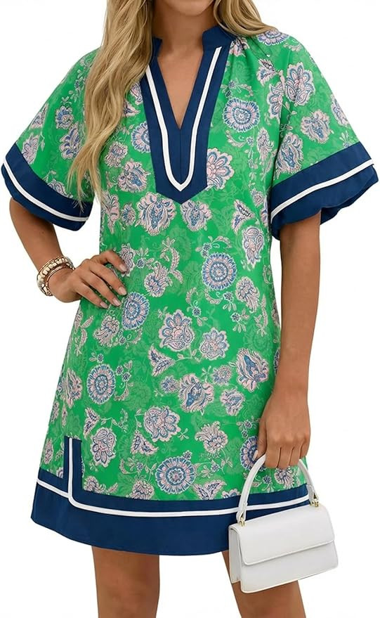 Wenrine Womens Summer Mini Dress Puff Sleeve Casual V Neck Floral Color Block Side Slit Loose Shi... | Amazon (US)