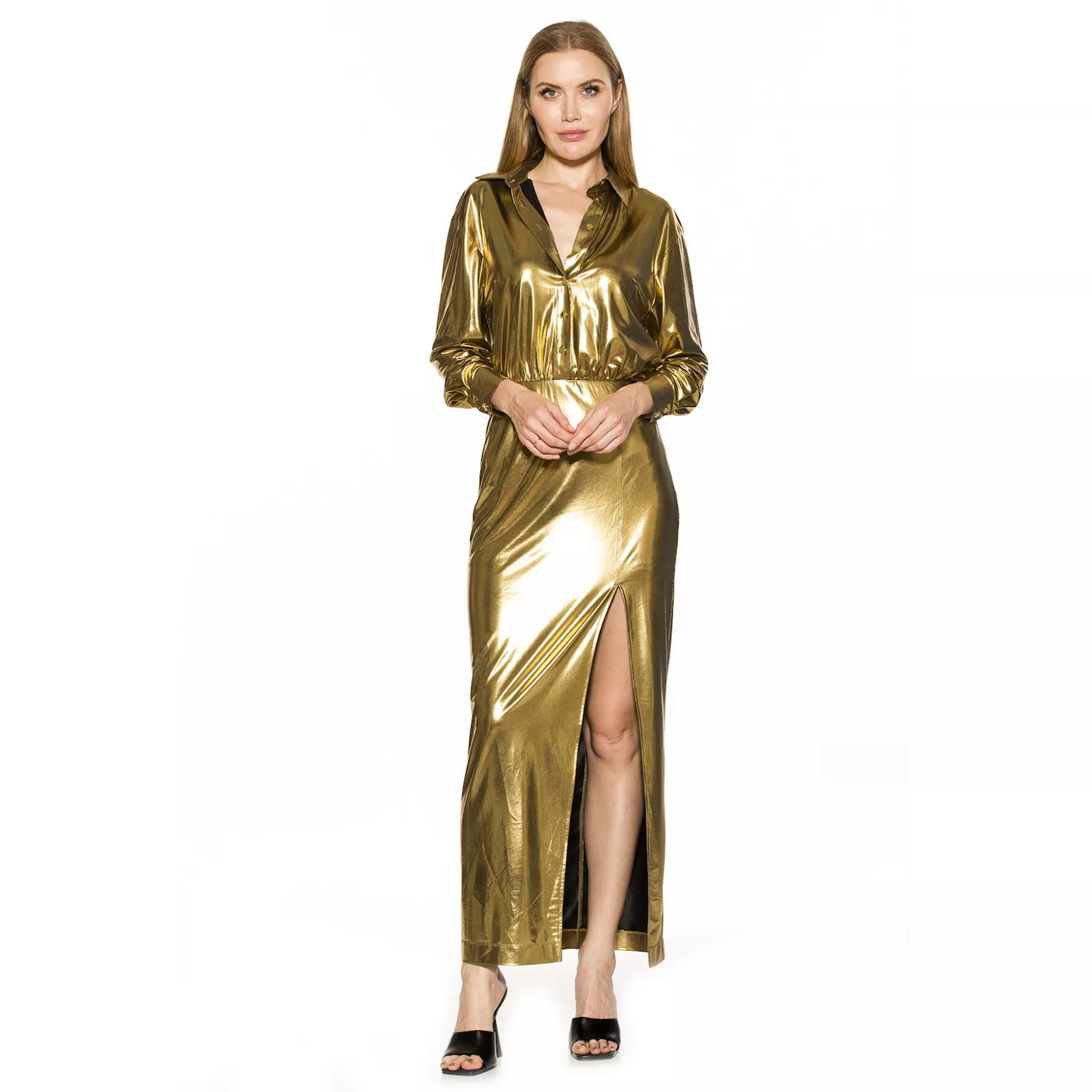Women's ALEXIA ADMOR Rae Long Sleeve Button Down Maxi Dress, Size: Small, Gold | Kohl's