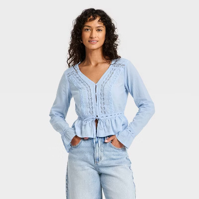 Women's Ruffle Long Sleeve Lace Trim Blouse - Universal Thread™ | Target