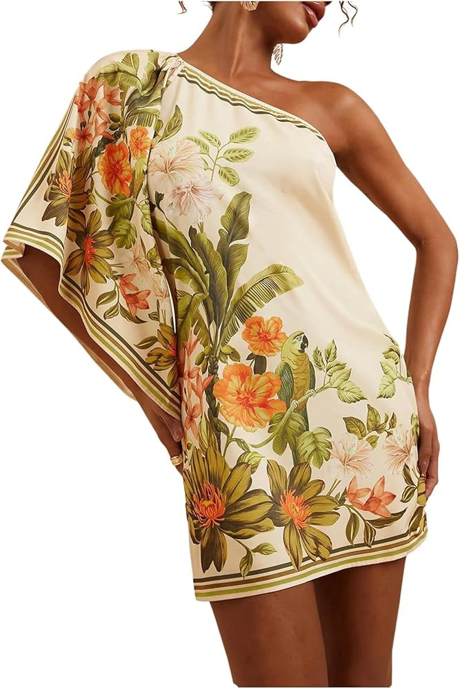 MakeMeChic Women's Boho Mini Dress Floral Ponchos Dolman Sleeve Dress One Shoulder Asymmetrical L... | Amazon (US)