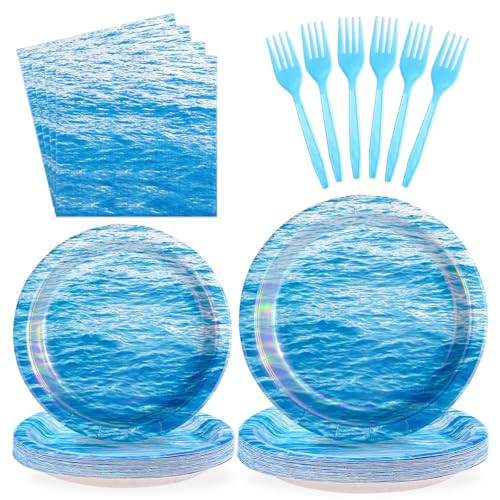96Pcs Ocean Beach Party Supplies Iridescent Blue Ocean Waves Plates and Napkins Tableware Sets Summer Under the Sea Birthday Decorations Favors for Mermaid Pool Sea Theme Party Decor Serves 24 | Amazon (US)