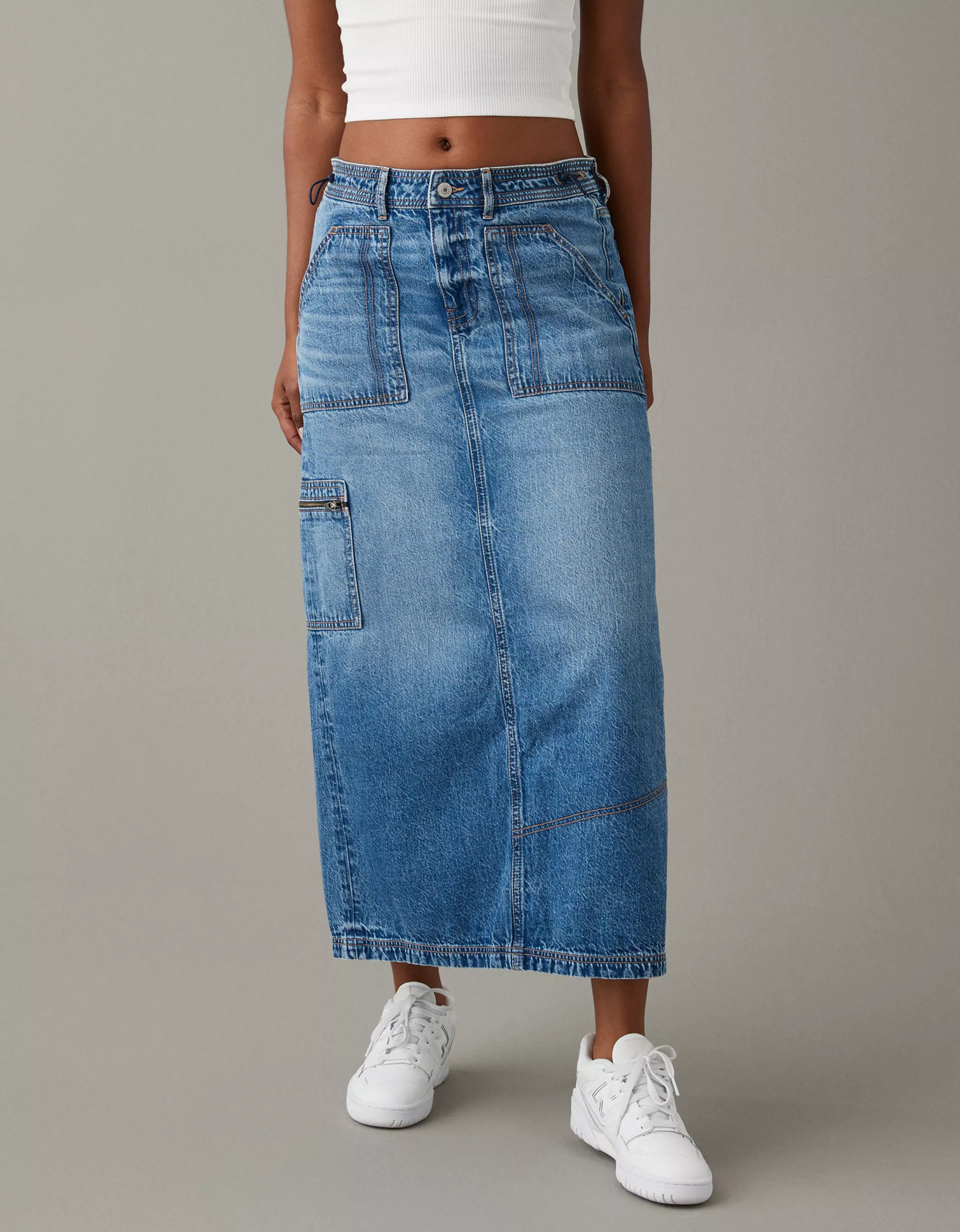 AE Low-Rise Denim Maxi Skirt | American Eagle Outfitters (US & CA)
