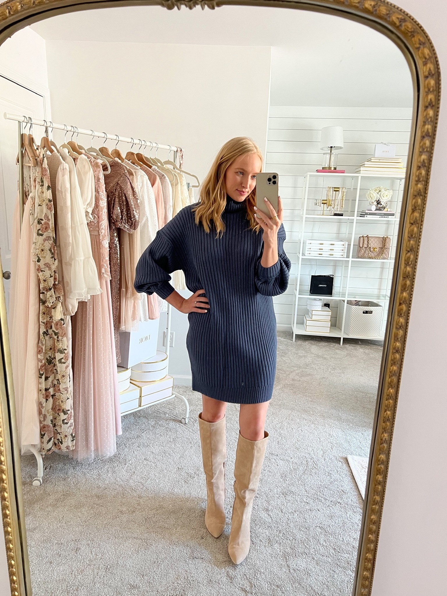 Pair a ribbed sweater dress with knee-high boots. Dress runs true to size. I was wearing a medium in this picture but need a small. 

#LTKSeasonal #LTKunder100 #LTKshoecrush