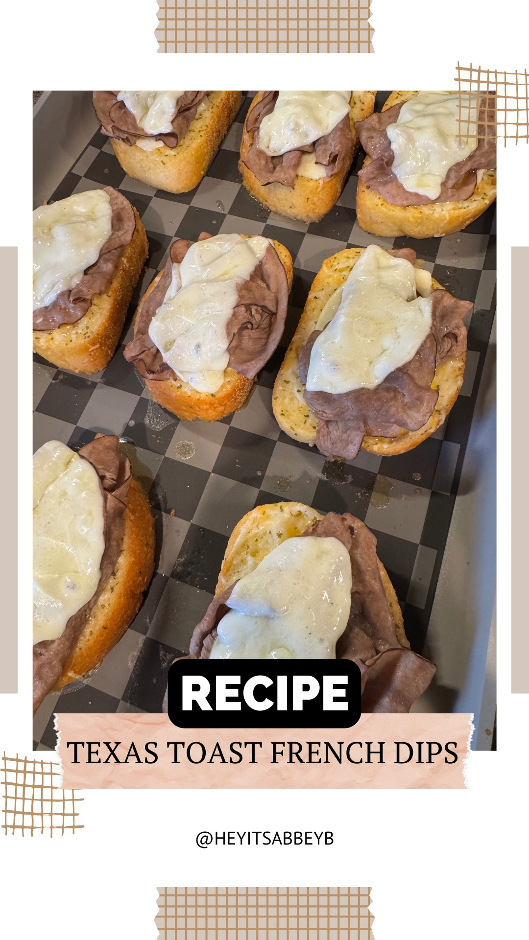 Texas Toast French dips 

Ingredients:
- 1 box frozen garlic Texas Toast (8 slices)
- 1 packet au jus gravy mix
- 3 cups cold water
- 1 pound sliced deli roast beef
- 8 slices provolone cheese
- Dried parsley, for garnish (optional)

Instructions:
1. Preheat the oven to 425°F. Line a sheet tray with parchment paper.
2. Cook 1 box frozen garlic Texas Toast per the directions on the back of the box, mine cooked for 8 minutes, flipping halfway through.
3. While the toast is baking, make the 1 packet au jus gravy mix with 3 cups cold water according to the package directions.
4. Once the toast and au jus are ready, warm 1 pound sliced deli roast beef in the au jus.
5. On top of each piece of cooked toast, place a half slice of provolone cheese.
6. Top all of the toasts evenly with the roast beef slices.
7. Add the remaining half slices of provolone cheese on top.
8. Bake for 3-5 minutes or until cheese is fully melted. Top with dried parsley, for garnish (optional).
9. Serve immediately with the au jus for dipping.

#LTKFindsUnder50 #LTKFamily #LTKHome