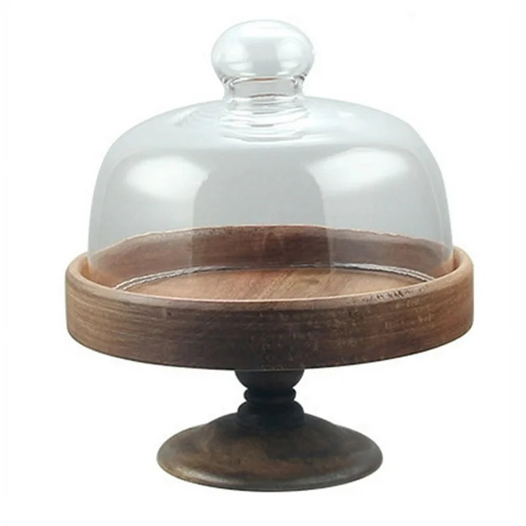 Elegant High Foot Cake Stand with Glass Cover - Wood and Glass Dessert Plate, Dim Sum Dish, Bread... | Walmart (US)