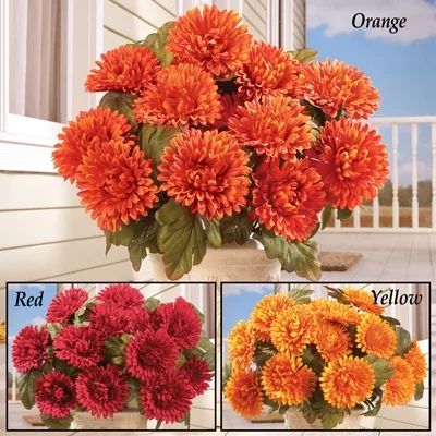 Floral Mums Artificial Maintenance-Free Flower Bush - Set of 3, Red | Walmart (US)