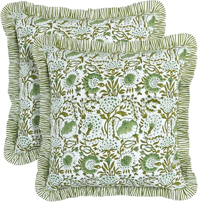CPC Block Print Ruffle Throw Cover Agate Green 18"x18" Inch Pack of 2-100% Cotton Ruffle Couch De... | Amazon (US)