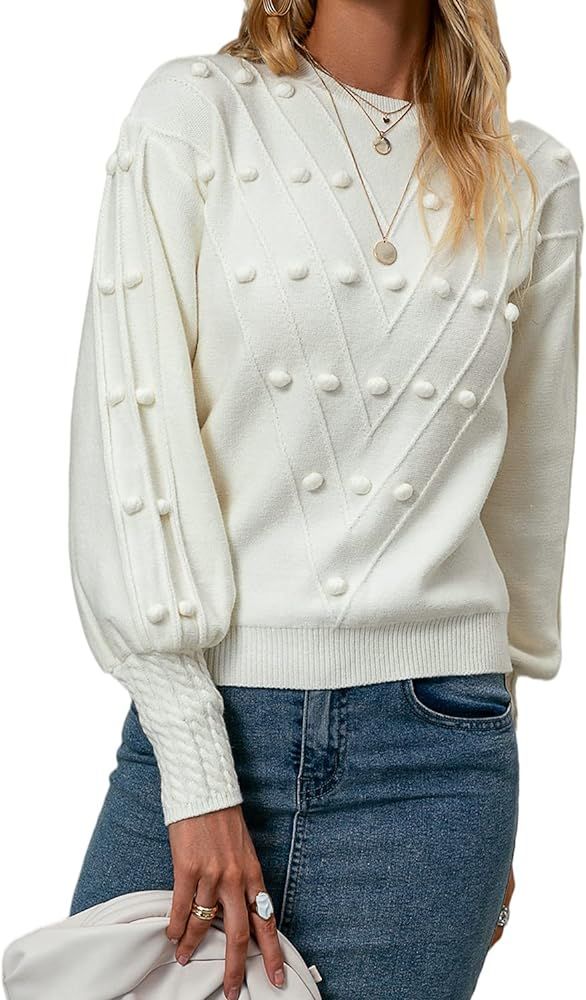 Simplee Women's Cute Pom Cropped Ribbed Chunky Cable Knit Pullover Sweater Crew Neck Popcorn Long Pu | Amazon (US)