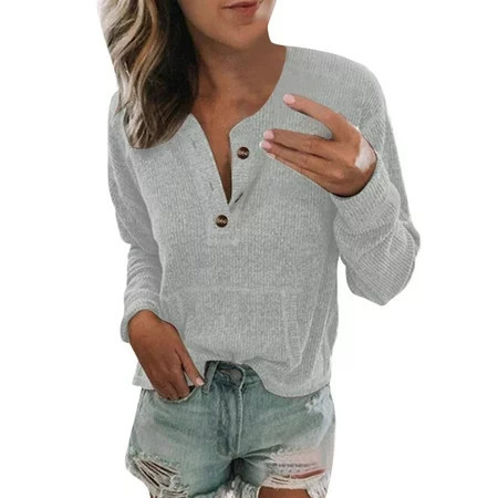 mnjin women shirts and blouses women fashion solid color v neck loose casual long sleeve button top t shirt t shirt for women gray xxl | Walmart (US)