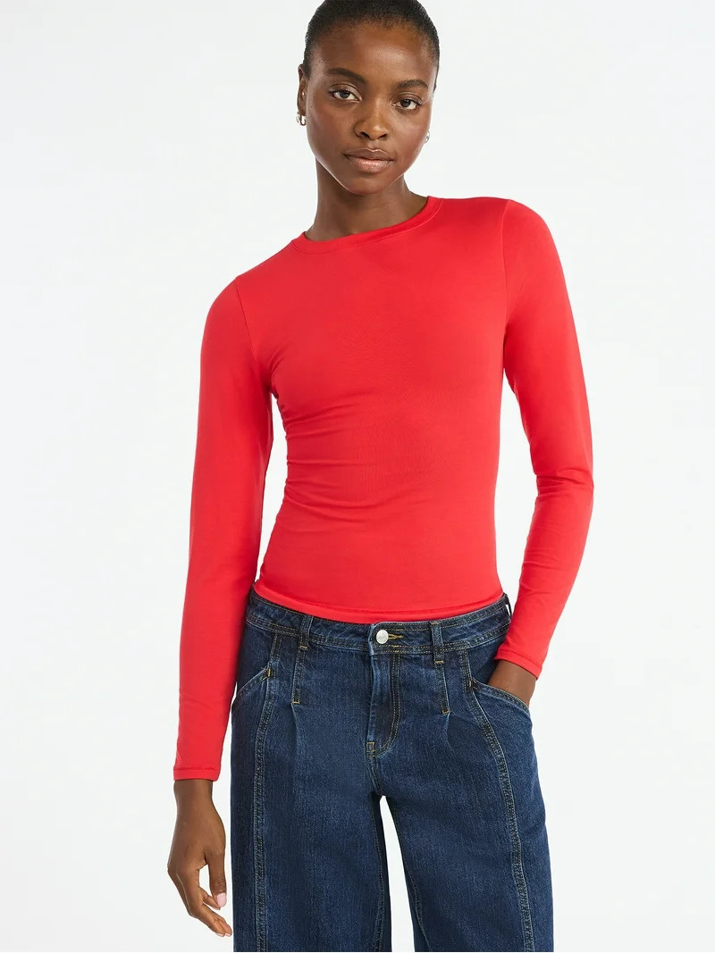 Scoop Women’s Stretch Cotton Blend Crewneck Tee with Long Sleeves, Sizes XS-XXL | Walmart (US)