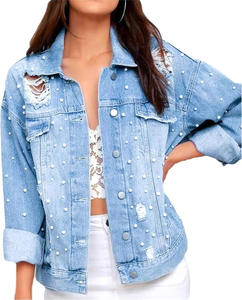 LifeShe Women's Pearl Denim Jacket Long Sleeve Ripped Distressed Jean Jackets Coat | Amazon (US)