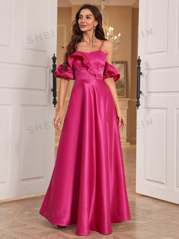 Women's Off The Shoulder Ruffle & Faux Pearl Decorated A-Line Evening Dress | SHEIN