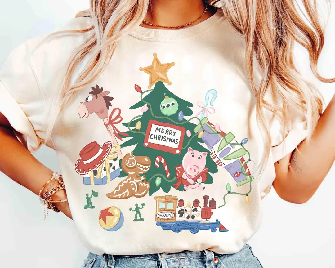 Comfort Colors® Disney Pixar Toy Story Christmas Tree Shirt,  Woody Buzz Lightyear Rex Xmas Ligh... | Etsy (US)