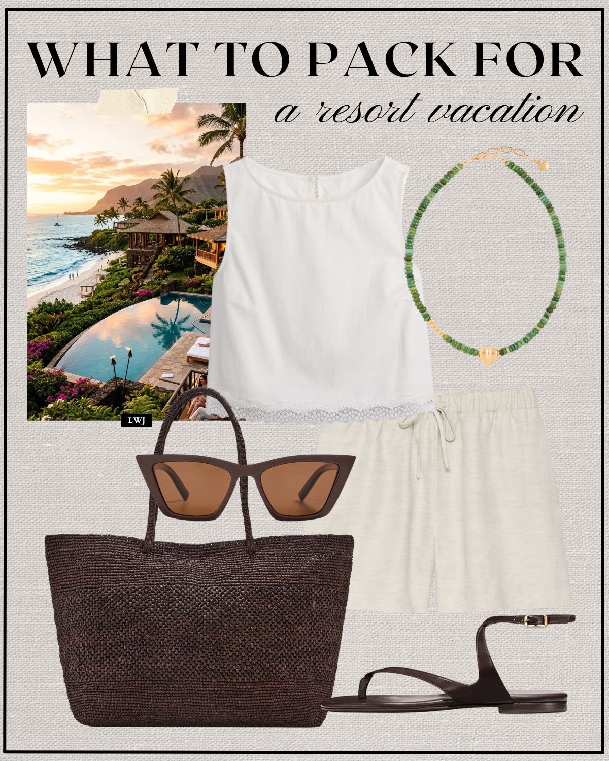 resort vacation outfit 

travel outfit / beach outfit / summer vacation / white boxy tank / aritzia lodge linen pull on shorts / chocolate brown woven tote / cat eye sunglasses / strappy sandals / beaded necklace 

 

#LTKTravel