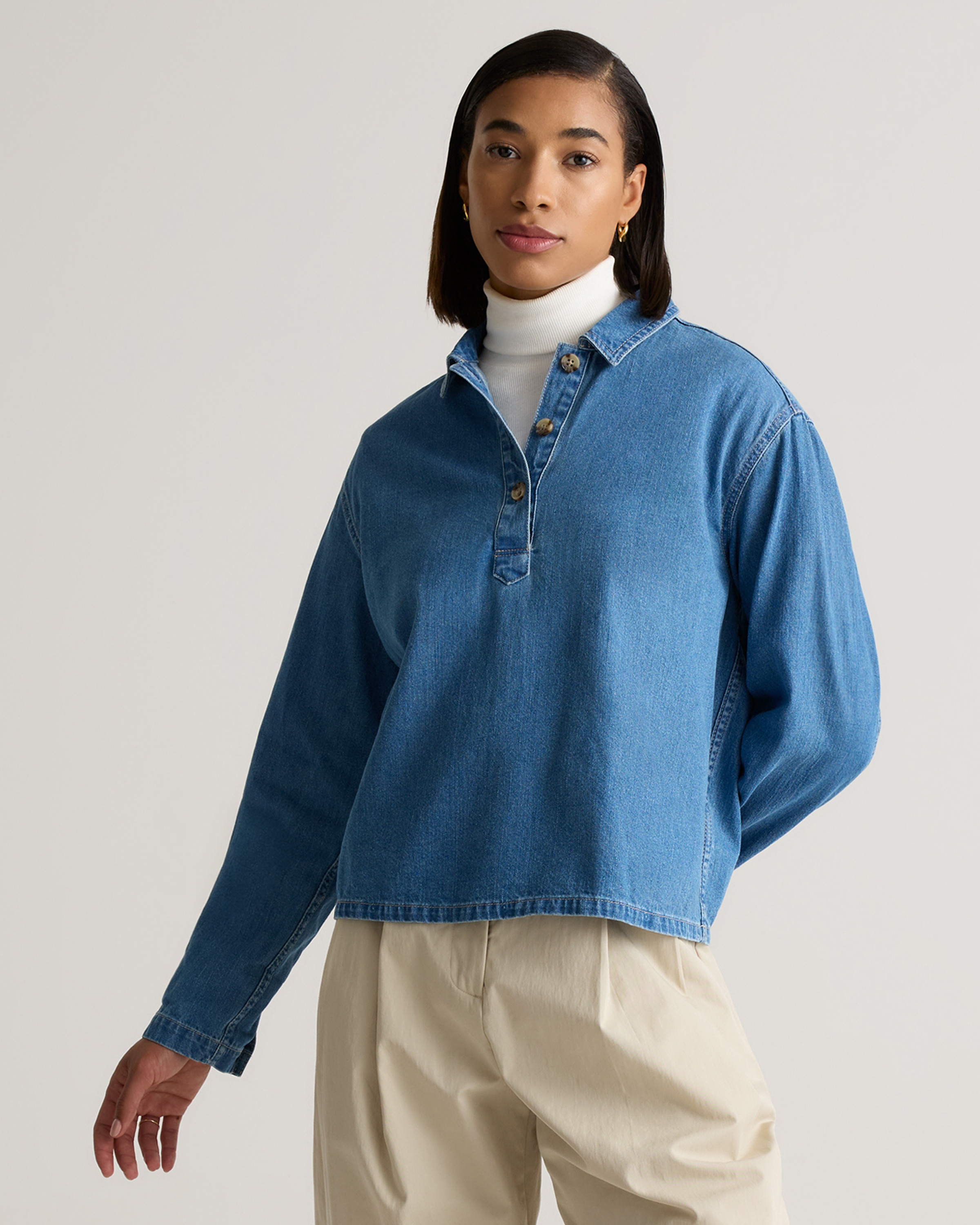 Quince | Women's Distressed Denim Popover Shirt in Medium Indigo, Size Small, Organic Cotton | Quince