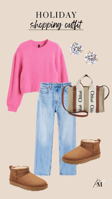 h&m pink sweater 
abercrombie denim 
chloe woody bag 
ugg ultra mini 

#LTKSeasonal #LTKstyletip #LTKHoliday