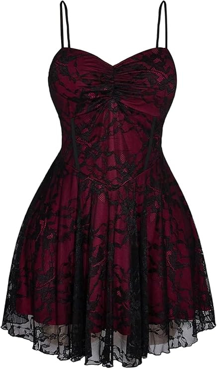 Women's Plus Size Y2k Floral Gothic Dress Mesh Lace Goth A Line Mini Dresses Grunge Ruched Short ... | Amazon (US)