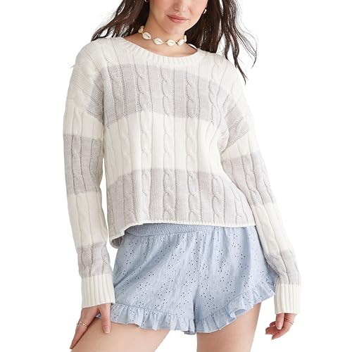 Cable Stripe Crew Sweater, Light Heather Grey, S | Amazon (US)