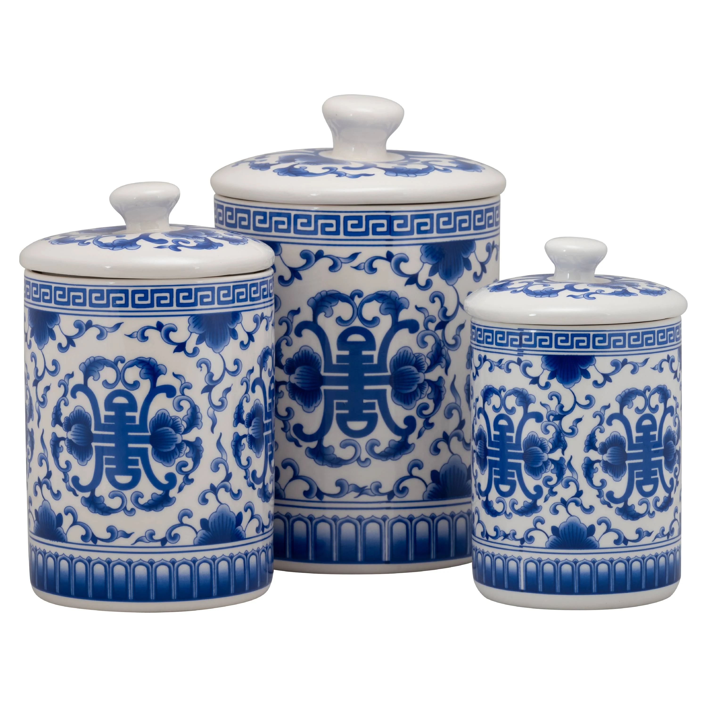 10 Strawberry Street Chinoiserie 3 Piece Porcelain Canister Set, White/Blue | Walmart (US)