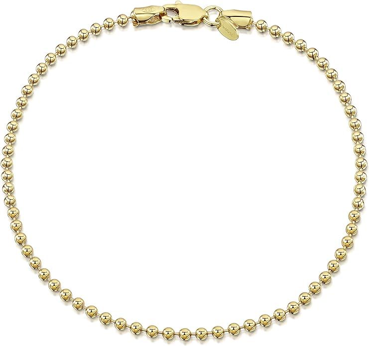 Amberta 18K Gold Plated on 925 Sterling Silver 2 mm Ball Chain Bracelet 7" 7.5" in | Amazon (US)