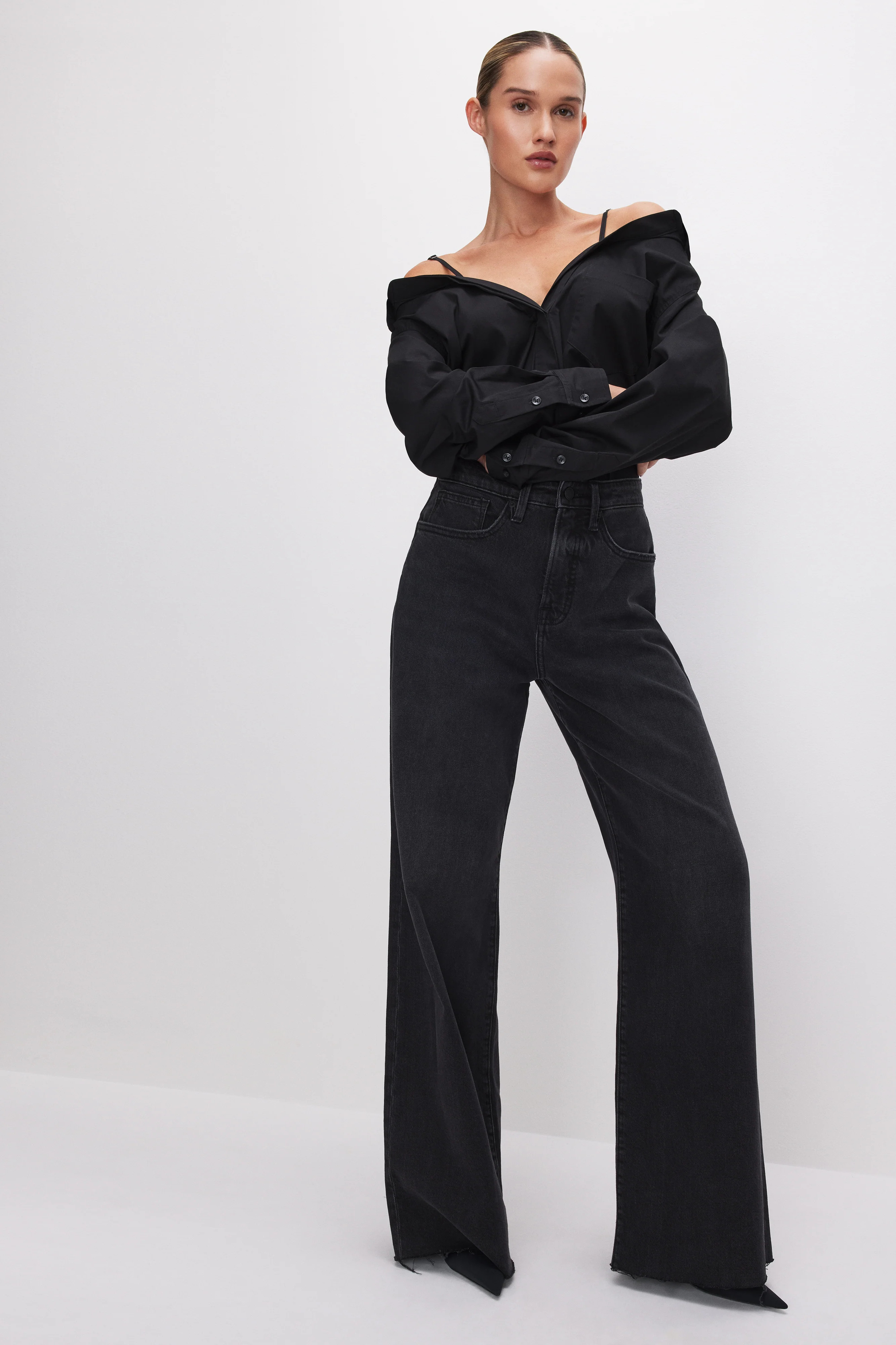 POPLIN OFF SHOULDER SHIRT | Good American