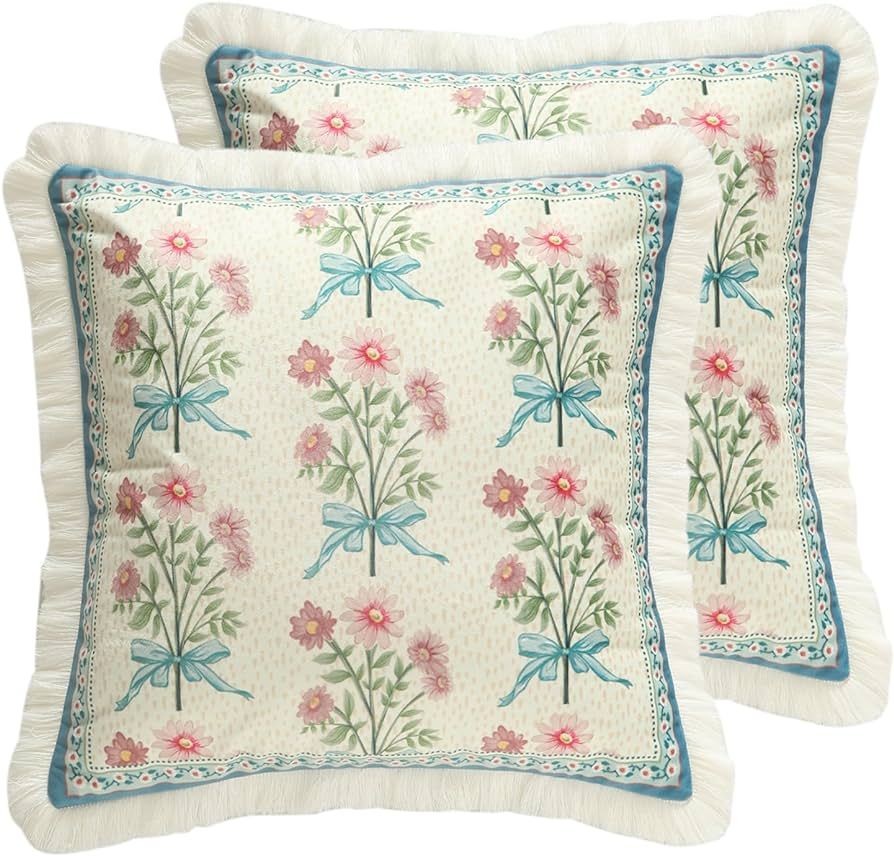 Designer French Country Velvet Throw Pillow Cover 18x18 inches,Elegant Blue Pink Small Floral Pat... | Amazon (US)