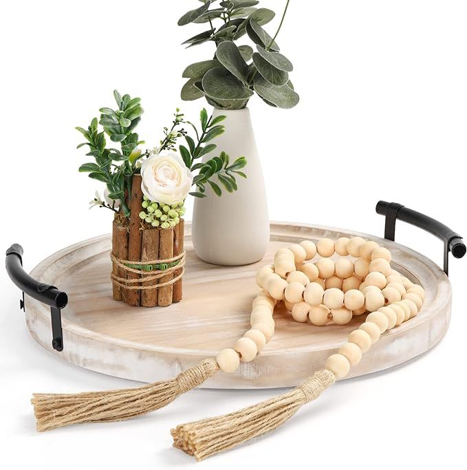 Round Wood Tray/w Wood Bead Garland - 13" Decorative Trays for Home Decor - Round Wooden Tray wit... | Amazon (US)