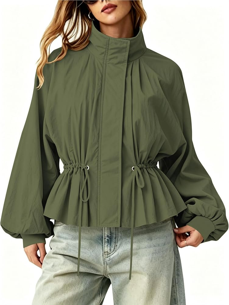 Mingzhu Women's Drawstring Windbreaker Jacket Pleated Windproof | Amazon (US)