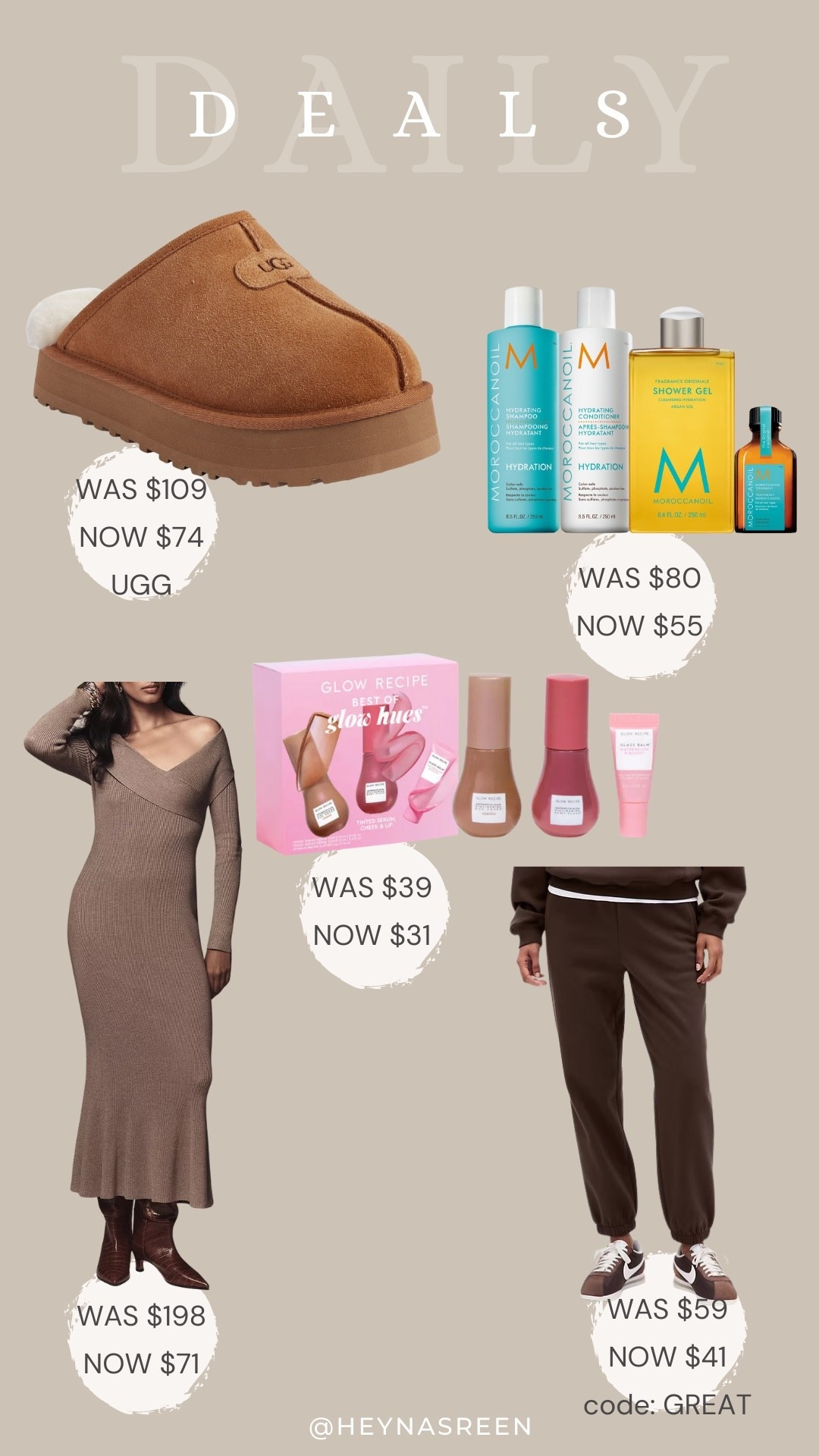 Daily deals on Ugg slippers, Moroccan oil set, Glow recipe set, Gap joggers, Anthropologie sweater dress 