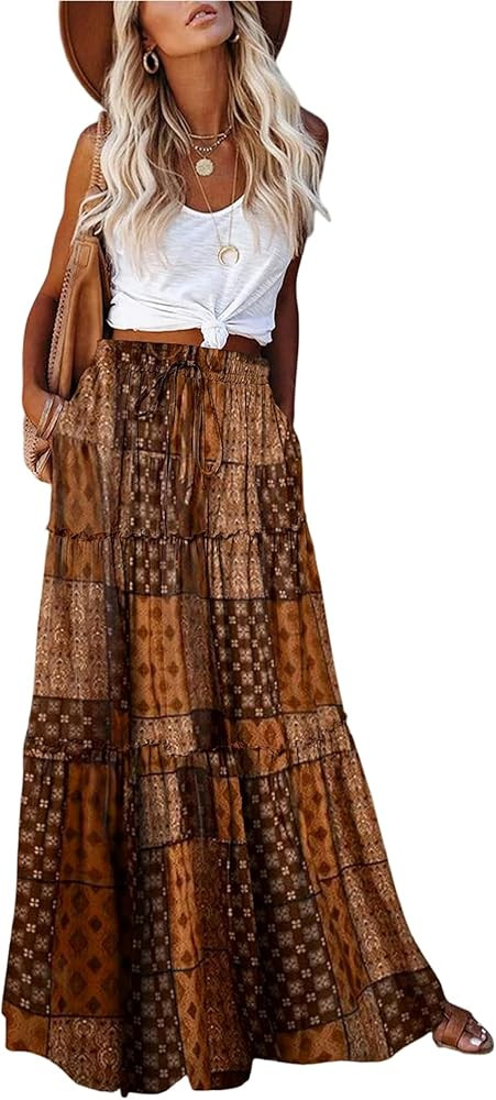 EARKOHA Womens Boho Maxi Skirt 2026 Summer Cruise Casual High Waist Tie Flowy Long Skirt with Poc... | Amazon (US)