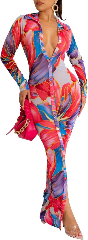 Women's Sheer Mesh Long Sleeve Bodycon Midi Dress Club Night Out Dresses Beach Cover Up Dress | Amazon (US)