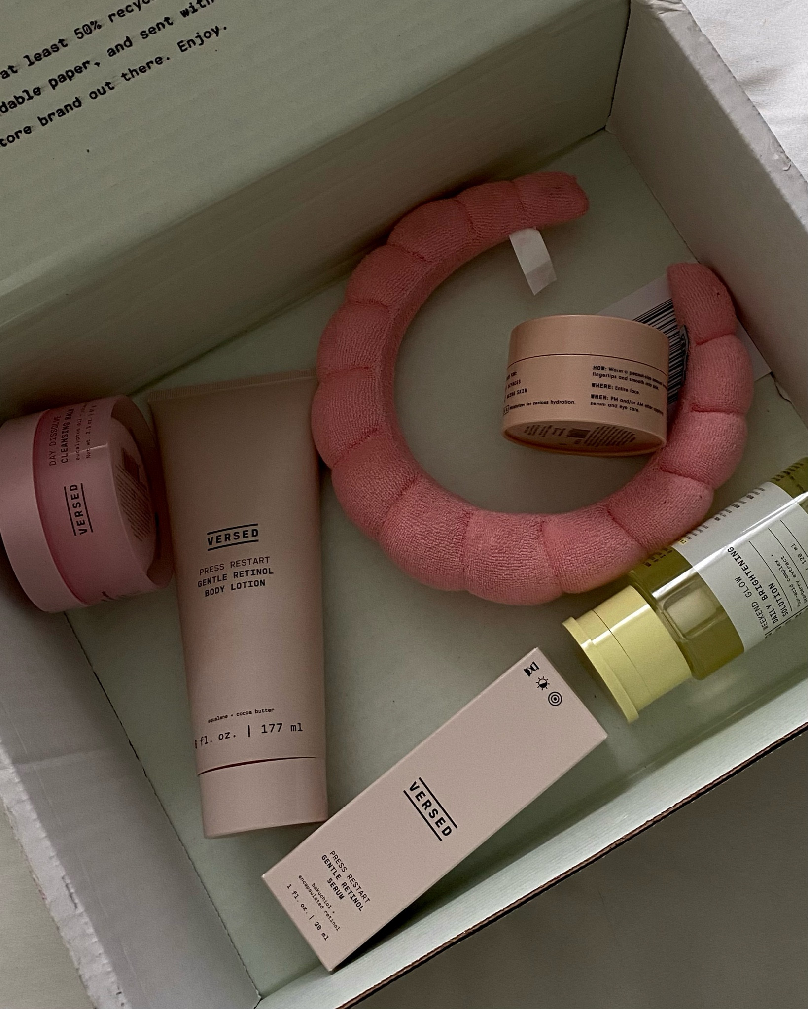 my skincare favorites @versed 💖

retinol body lotion / day dissolve cleansing balm / gentle retinol serum / weekend glow daily brightening solution / skin soak rich moisture facial cream / pink croissant headband

#LTKstyletip #LTKbeauty #LTKunder50