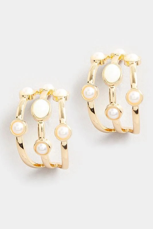 Gold Tone Triple Stone Hoop Earrings | Yours Clothing UK