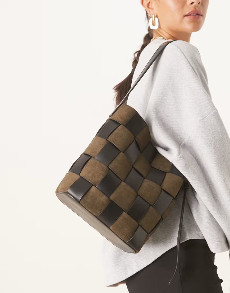 ASOS DESIGN faux suede and faux leather weave bucket tote bag in khaki-Green | ASOS (Global)