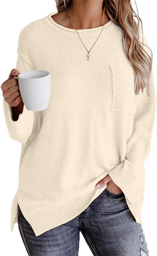 OFEEFAN Sweaters for Women Long Sleeve Side Split Crewneck Pullover Fall Sweater | Amazon (US)