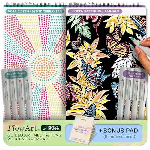 Lifelines FlowArt Activity Pads, 2-Pack with 8 Double-Sided Markers, 40 Scenes & Bonus Pad - Guided Dot Art Meditations - Stamp-by-Shape & Hidden Patterns Coloring Books for Tweens, Adults & Seniors | Amazon (US)