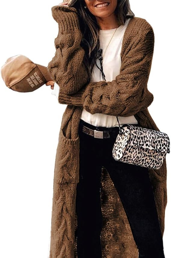 Women Open Front Cardigan Sweater Long Sleeve Chunky Cable Knit Long Cardigan Outwear with Pocket... | Amazon (US)