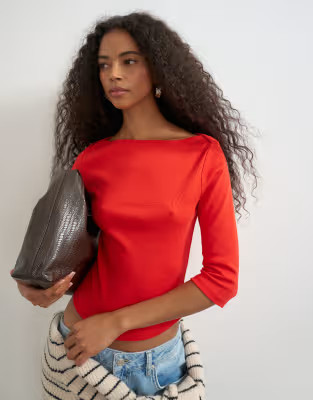 Slash neck curve hem top in red | Topshop (UK, DE, FR)