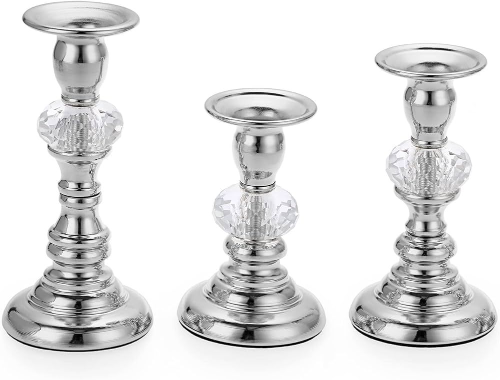 OwnMy Set of 3 Silver Metal Taper Candlestick Holders Vintage Brass Taper Candle Holders, Decorat... | Amazon (US)