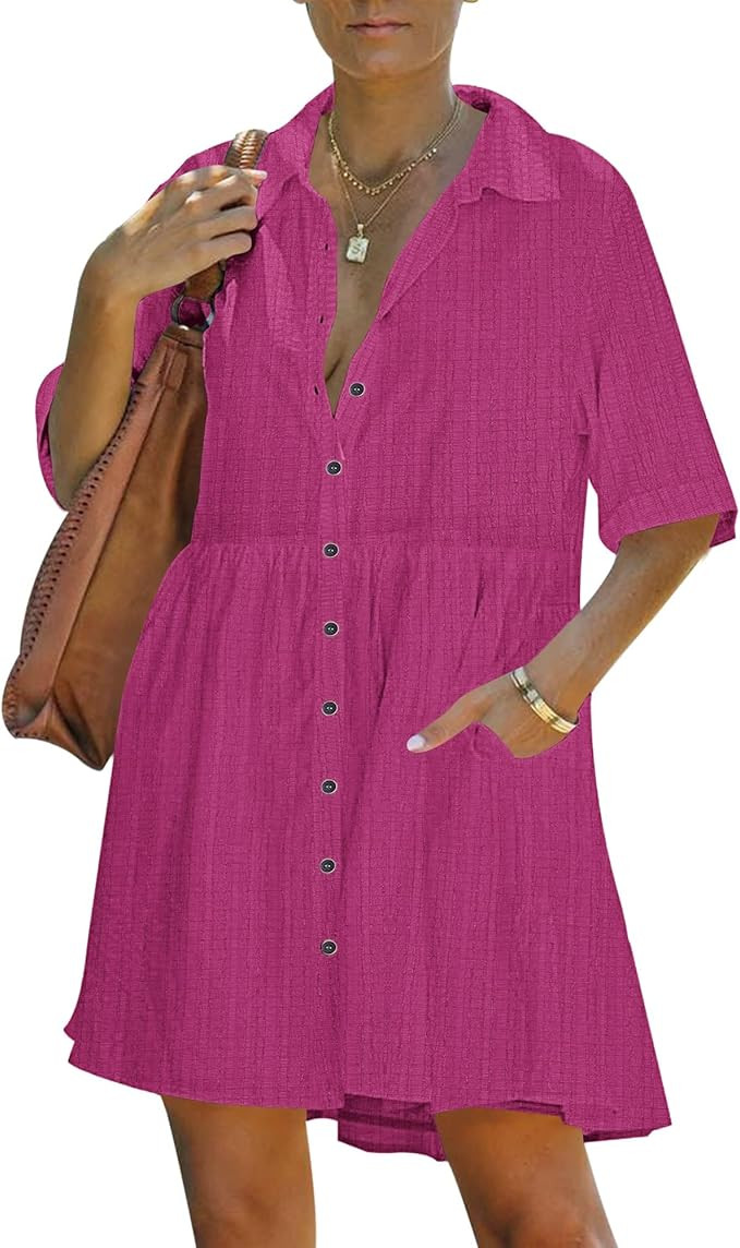 PYGFEMR Women's Summer Dress 2025 Short Sleeve Babydoll Tiered Button Down T Shirts Dresses with ... | Amazon (US)