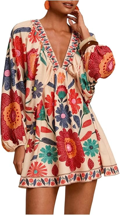RoseSeek Women's Boho Floral V Neck Mini Dresses Bishop Sleeve Tie Open Back Tropical Dress | Amazon (US)